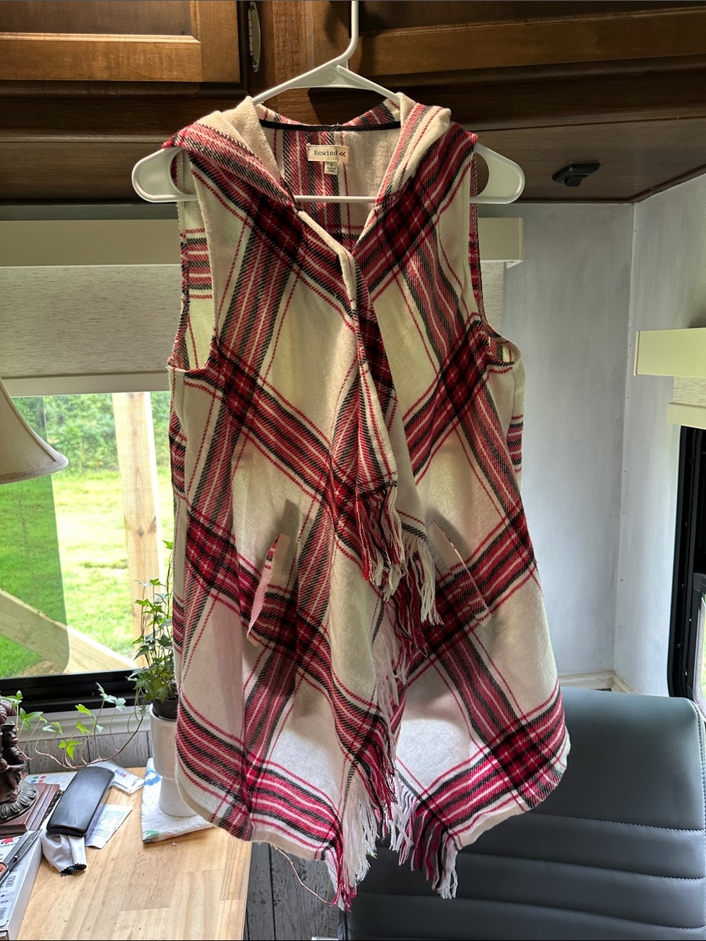Rewind - Cream and Red Plaid Hooded Fringe Vest size small